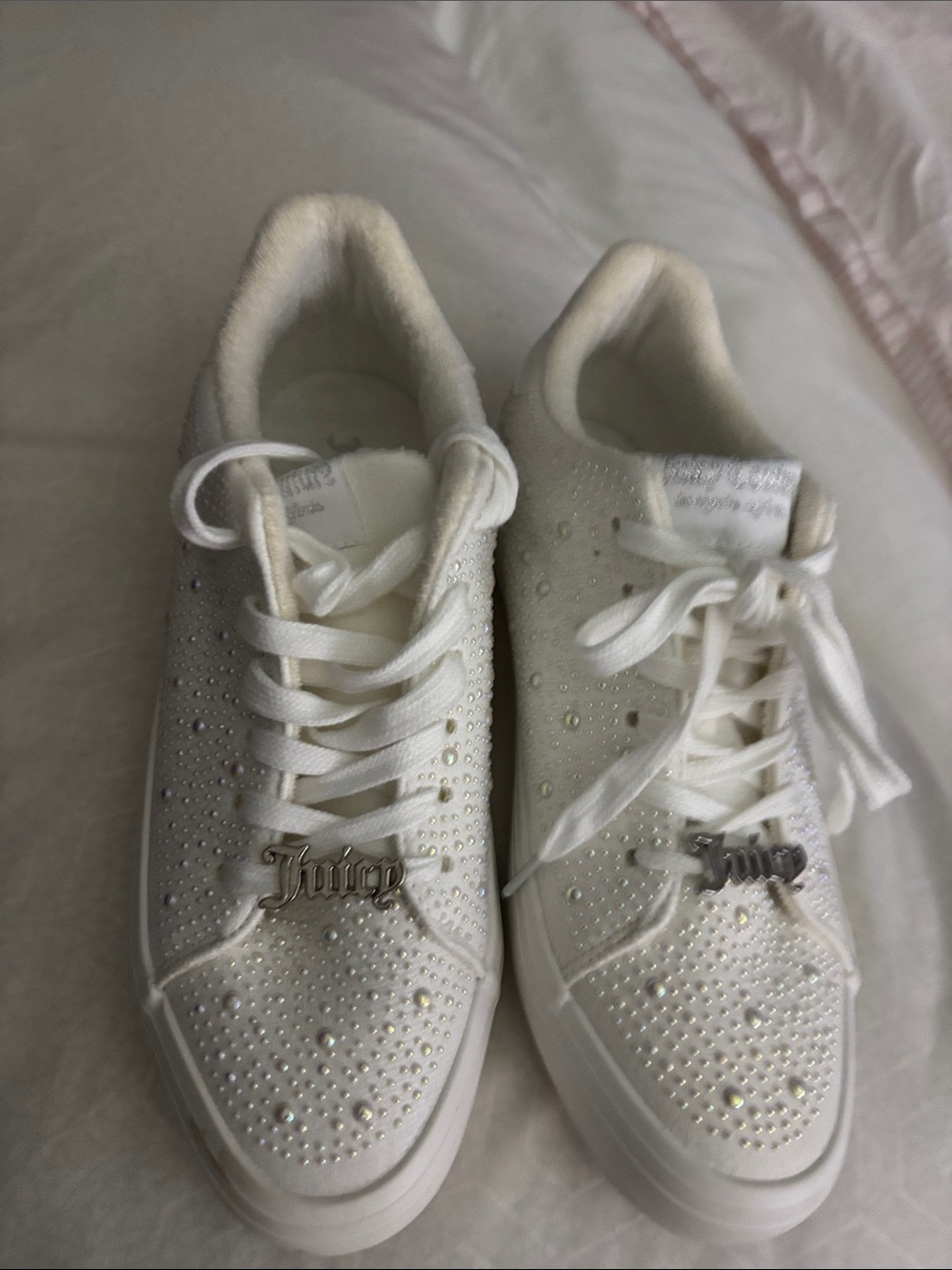 Juicy Couture White Crystal-Embellished Lace-Up Sneakers